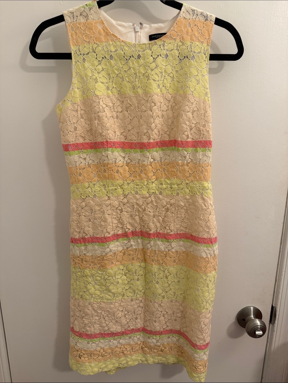Ann Taylor Sz 0 Sleeveless Lace Stripe Shift Dress in Pastel Yellow & Pink